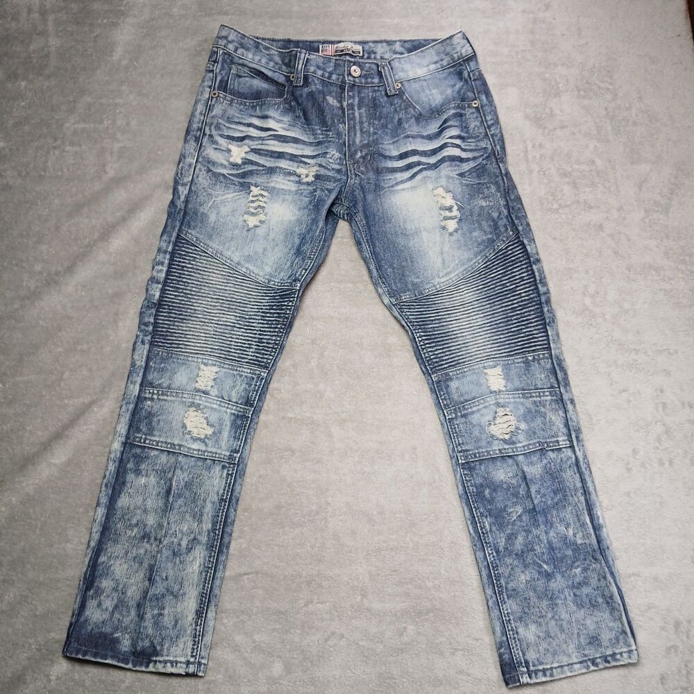 Bleecker Mercer 34x30 Moto Jeans Blue Slim-Fit Stretch Distressed Biker-Core 34